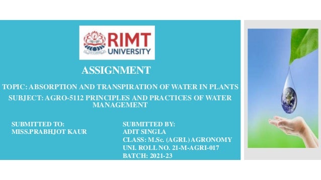 ASSIGNMENT
TOPIC: ABSORPTION AND TRANSPIRATION OF WATER IN PLANTS
SUBJECT: AGRO-5112 PRINCIPLES AND PRACTICES OF WATER
MANAGEMENT
SUBMITTED TO:
MISS.PRABHJOT KAUR
SUBMITTED BY:
ADIT SINGLA
CLASS: M.Sc. (AGRI.) AGRONOMY
UNI. ROLL NO. 21-M-AGRI-017
BATCH: 2021-23
 