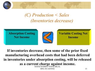 (C) Production < Sales
(Inventories decrease)
Absorption Costing
Net Income
Variable Costing Net
Income
If inventories decrease, then some of the prior fixed
manufacturing overhead costs that had been deferred
in inventories under absorption costing, will be released
as a current charge against income.
13
HAFIZ HAMID n' HAFIZ BILAL
0092-301-6459582
 