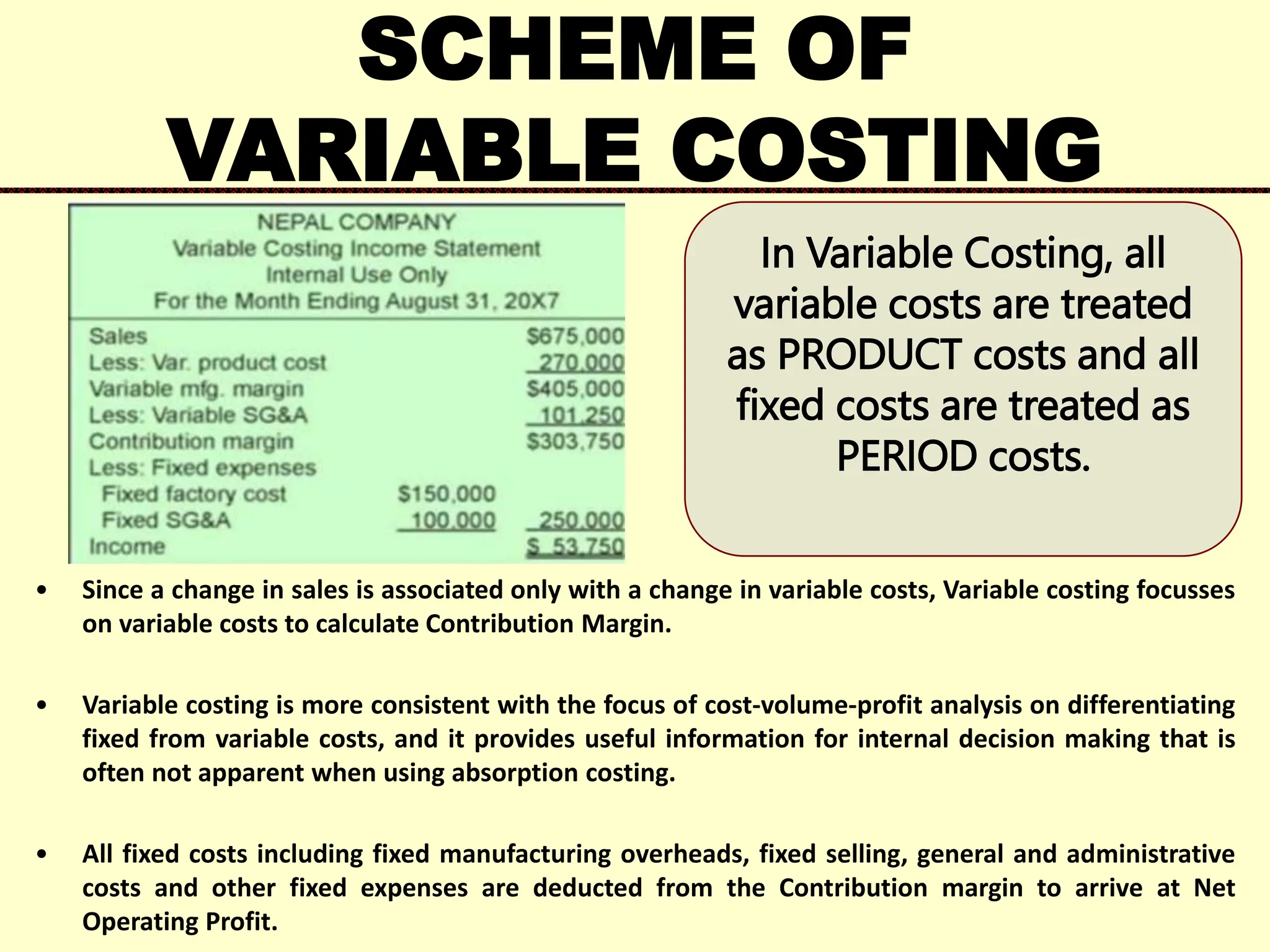 SCHEME OF
VARIABLE COSTING
• Since a change in sales is associated only with a change in variable costs, Variable costing focusses
on variable costs to calculate Contribution Margin.
• Variable costing is more consistent with the focus of cost-volume-profit analysis on differentiating
fixed from variable costs, and it provides useful information for internal decision making that is
often not apparent when using absorption costing.
• All fixed costs including fixed manufacturing overheads, fixed selling, general and administrative
costs and other fixed expenses are deducted from the Contribution margin to arrive at Net
Operating Profit.
In Variable Costing, all
variable costs are treated
as PRODUCT costs and all
fixed costs are treated as
PERIOD costs.
 