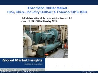 © 2016 Global Market Insights, Inc. USA. All Rights Reserved www.gminsights.com
Absorption Chiller Market
Size, Share, Industry Outlook & Forecast 2016-2024
Global absorption chiller market size is projected
to exceed USD 980 million by 2023
 