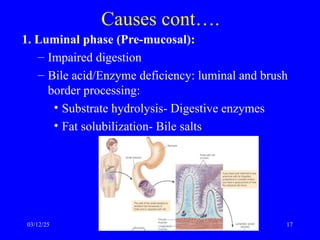 Causes cont….
1. Luminal phase (Pre-mucosal):
– Impaired digestion
– Bile acid/Enzyme deficiency: luminal and brush
border processing:
• Substrate hydrolysis- Digestive enzymes
• Fat solubilization- Bile salts
03/12/25 17
 