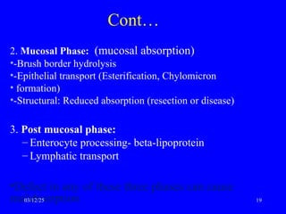 Cont…
2. Mucosal Phase: (mucosal absorption)
•-Brush border hydrolysis
•-Epithelial transport (Esterification, Chylomicron
• formation)
•-Structural: Reduced absorption (resection or disease)
3. Post mucosal phase:
– Enterocyte processing- beta-lipoprotein
– Lymphatic transport
•Defect in any of these three phases can cause
malabsorption
03/12/25 19
 