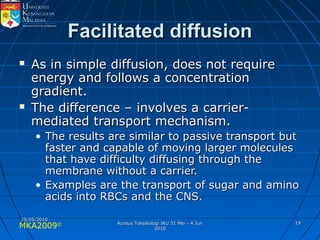 MKA2009© 1919
Facilitated diffusionFacilitated diffusion
 As in simple diffusion, does not requireAs in simple diffusion, does not require
energy and follows a concentrationenergy and follows a concentration
gradient.gradient.
 The difference – involves a carrier-The difference – involves a carrier-
mediated transport mechanism.mediated transport mechanism.
• The results are similar to passive transport butThe results are similar to passive transport but
faster and capable of moving larger moleculesfaster and capable of moving larger molecules
that have difficulty diffusing through thethat have difficulty diffusing through the
membrane without a carrier.membrane without a carrier.
• Examples are the transport of sugar and aminoExamples are the transport of sugar and amino
acids into RBCs and the CNS.acids into RBCs and the CNS.
25/05/201025/05/2010
Kursus Toksikologi IKU 31 Mei - 4 JunKursus Toksikologi IKU 31 Mei - 4 Jun
20102010
 