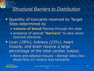 MKA2009© 4646
Structural Barriers to DistributionStructural Barriers to Distribution
 Quantity of toxicants received by TargetQuantity of toxicants received by Target
Sites determined bySites determined by
• volume of bloodvolume of blood flowing through the sitesflowing through the sites
• presence of specialpresence of special "barriers""barriers" to slow downto slow down
toxicant entrance.toxicant entrance.
 LiverLiver (28%),(28%), kidneyskidneys (23%),(23%), heartheart
muscle, and brain receive a largemuscle, and brain receive a large
percentage of the total cardiac output.percentage of the total cardiac output.
• Bone and adipose tissues - storage sites (lowBone and adipose tissues - storage sites (low
blood flow in) receive less toxicants.blood flow in) receive less toxicants.
25/05/201025/05/2010
Kursus Toksikologi IKU 31 Mei - 4 JunKursus Toksikologi IKU 31 Mei - 4 Jun
20102010
 