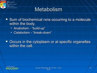 MKA2009© 5252
MetabolismMetabolism
 Sum of biochemical rxns occurring to a moleculeSum of biochemical rxns occurring to a molecule
within the body.within the body.
• Anabolism - “build-up”Anabolism - “build-up”
• Catabolism - “break-down”Catabolism - “break-down”
 Occurs in the cytoplasm or at specific organellesOccurs in the cytoplasm or at specific organelles
within the cell.within the cell.
25/05/201025/05/2010
Kursus Toksikologi IKU 31 Mei - 4 JunKursus Toksikologi IKU 31 Mei - 4 Jun
20102010
 