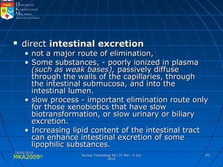 MKA2009© 8383
 directdirect intestinal excretionintestinal excretion
• not a major route of elimination,not a major route of elimination,
• Some substances, - poorly ionized in plasmaSome substances, - poorly ionized in plasma
(such as weak bases),(such as weak bases), passively diffusepassively diffuse
through the walls of the capillaries, throughthrough the walls of the capillaries, through
the intestinal submucosa, and into thethe intestinal submucosa, and into the
intestinal lumen.intestinal lumen.
• slow process - important elimination route onlyslow process - important elimination route only
for those xenobiotics that have slowfor those xenobiotics that have slow
biotransformation, or slow urinary or biliarybiotransformation, or slow urinary or biliary
excretion.excretion.
• Increasing lipid content of the intestinal tractIncreasing lipid content of the intestinal tract
can enhance intestinal excretion of somecan enhance intestinal excretion of some
lipophilic substances.lipophilic substances.
25/05/201025/05/2010
Kursus Toksikologi IKU 31 Mei - 4 JunKursus Toksikologi IKU 31 Mei - 4 Jun
20102010
 