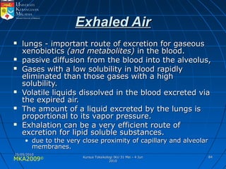 MKA2009© 8484
Exhaled AirExhaled Air
 lungs - important route of excretion for gaseouslungs - important route of excretion for gaseous
xenobioticsxenobiotics (and metabolites)(and metabolites) in the blood.in the blood.
 passive diffusion from the blood into the alveolus,passive diffusion from the blood into the alveolus,
 Gases with a low solubility in blood rapidlyGases with a low solubility in blood rapidly
eliminated than those gases with a higheliminated than those gases with a high
solubility.solubility.
 Volatile liquids dissolved in the blood excreted viaVolatile liquids dissolved in the blood excreted via
the expired air.the expired air.
 The amount of a liquid excreted by the lungs isThe amount of a liquid excreted by the lungs is
proportional to its vapor pressure.proportional to its vapor pressure.
 Exhalation can be a very efficient route ofExhalation can be a very efficient route of
excretion for lipid soluble substances.excretion for lipid soluble substances.
• due to the very close proximity of capillary and alveolardue to the very close proximity of capillary and alveolar
membranes.membranes.
25/05/201025/05/2010
Kursus Toksikologi IKU 31 Mei - 4 JunKursus Toksikologi IKU 31 Mei - 4 Jun
20102010
 