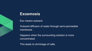 Exosmosis
Exo means outward
Outward diffusion of water through semi-permeable
membrane .
Happens when the surrounding solution is more
concentrated.
This leads to shrinkage of cells.
 