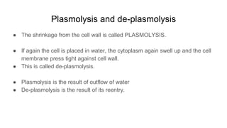 Plasmolysis and de-plasmolysis
● The shrinkage from the cell wall is called PLASMOLYSIS.
● If again the cell is placed in water, the cytoplasm again swell up and the cell
membrane press tight against cell wall.
● This is called de-plasmolysis.
● Plasmolysis is the result of outflow of water
● De-plasmolysis is the result of its reentry.
 
