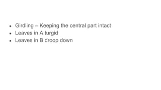 ● Girdling – Keeping the central part intact
● Leaves in A turgid
● Leaves in B droop down
 