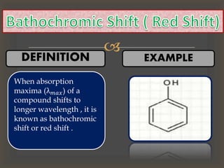 
DEFINITION
When absorption
maxima (λ 𝑚𝑎𝑥) of a
compound shifts to
longer wavelength , it is
known as bathochromic
shift or red shift .
EXAMPLE