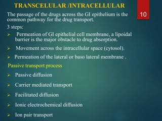 TRANSCELULAR /INTRACELLULAR
The passage of the drugs across the GI epithelium is the
common pathway for the drug transport.
3 steps:
 Permeation of GI epithelial cell membrane, a lipoidal
barrier is the major obstacle to drug absorption.
 Movement across the intracellular space (cytosol).
 Permeation of the lateral or baso lateral membrane .
Passive transport process
 Passive diffusion
 Carrier mediated transport
 Facilitated diffusion
 Ionic electrochemical diffusion
 Ion pair transport
10
 