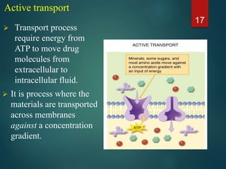 Active transport
 Transport process
require energy from
ATP to move drug
molecules from
extracellular to
intracellular fluid.
 It is process where the
materials are transported
across membranes
against a concentration
gradient.
17
 