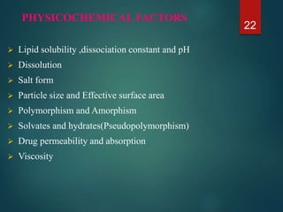 PHYSICOCHEMICAL FACTORS
 Lipid solubility ,dissociation constant and pH
 Dissolution
 Salt form
 Particle size and Effective surface area
 Polymorphism and Amorphism
 Solvates and hydrates(Pseudopolymorphism)
 Drug permeability and absorption
 Viscosity
22
 