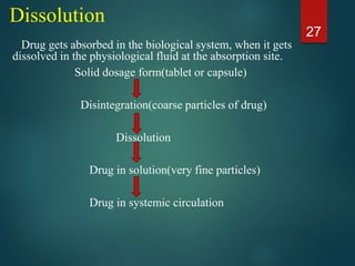 Dissolution
Drug gets absorbed in the biological system, when it gets
dissolved in the physiological fluid at the absorption site.
Solid dosage form(tablet or capsule)
Disintegration(coarse particles of drug)
Dissolution
Drug in solution(very fine particles)
Drug in systemic circulation
27
 