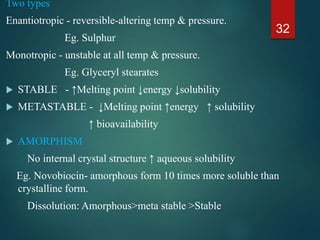 Two types
Enantiotropic - reversible-altering temp & pressure.
Eg. Sulphur
Monotropic - unstable at all temp & pressure.
Eg. Glyceryl stearates
 STABLE - ↑Melting point ↓energy ↓solubility
 METASTABLE - ↓Melting point ↑energy ↑ solubility
↑ bioavailability
 AMORPHISM
No internal crystal structure ↑ aqueous solubility
Eg. Novobiocin- amorphous form 10 times more soluble than
crystalline form.
Dissolution: Amorphous>meta stable >Stable
32
 