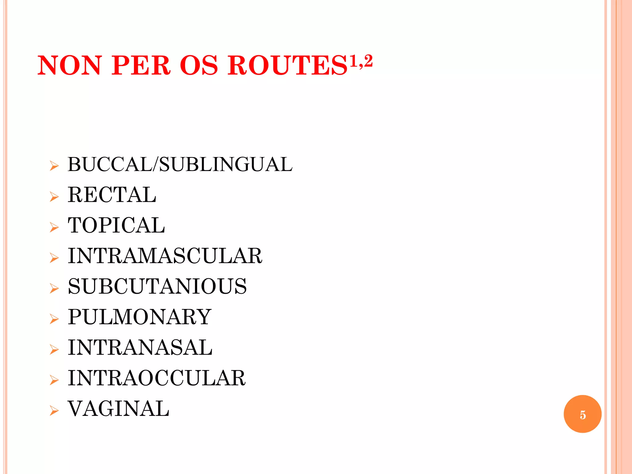 5
NON PER OS ROUTES1,2
 BUCCAL/SUBLINGUAL
 RECTAL
 TOPICAL
 INTRAMASCULAR
 SUBCUTANIOUS
 PULMONARY
 INTRANASAL
 INTRAOCCULAR
 VAGINAL
 
