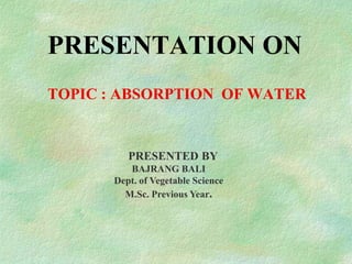 PRESENTATION ON
TOPIC : ABSORPTION OF WATER
PRESENTED BY
BAJRANG BALI
Dept. of Vegetable Science
M.Sc. Previous Year.
 