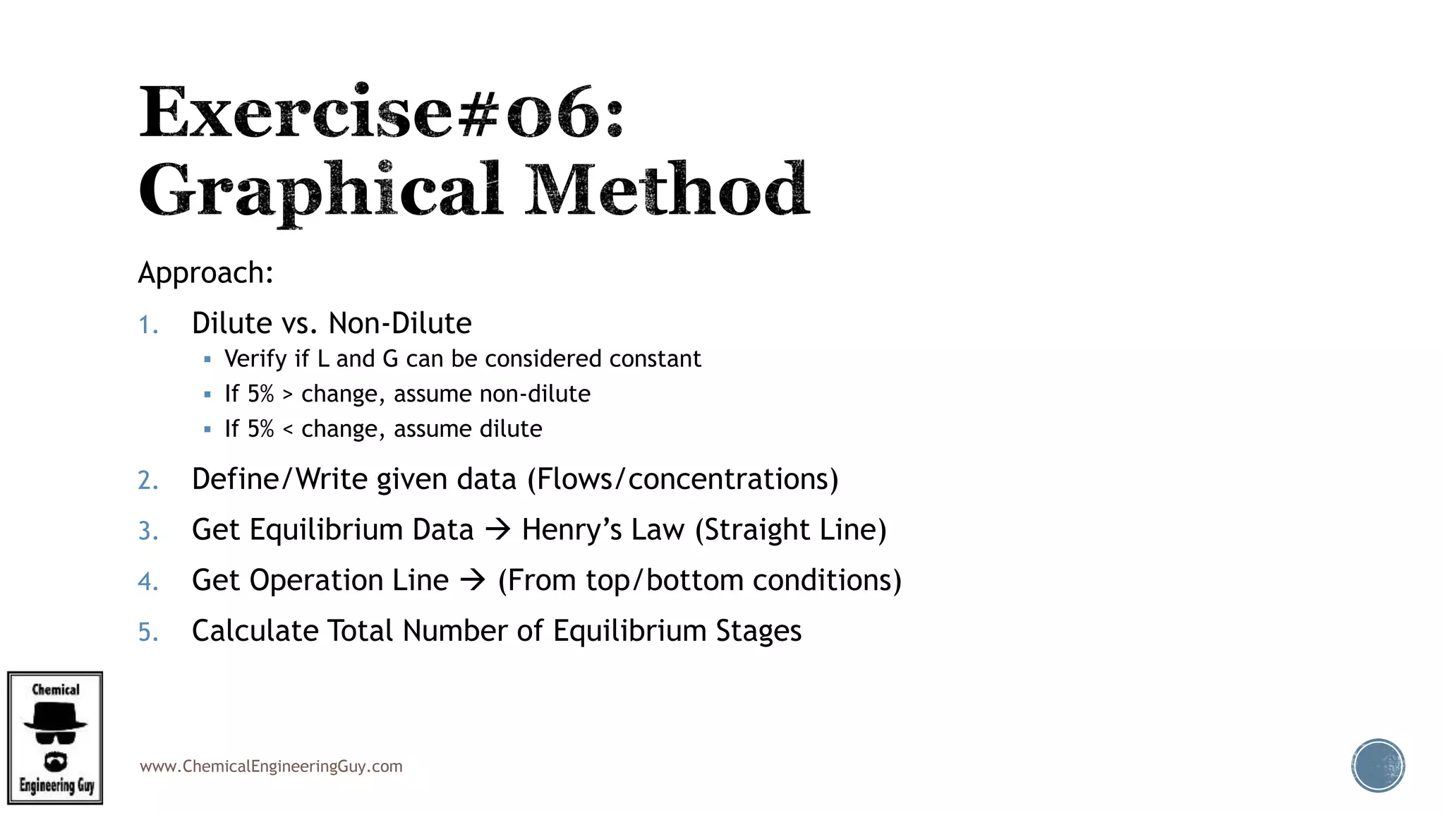 www.ChemicalEngineeringGuy.com
Approach:
1. Dilute vs. Non-Dilute
 Verify if L and G can be considered constant
 If 5% > change, assume non-dilute
 If 5% < change, assume dilute
2. Define/Write given data (Flows/concentrations)
3. Get Equilibrium Data  Henry’s Law (Straight Line)
4. Get Operation Line  (From top/bottom conditions)
5. Calculate Total Number of Equilibrium Stages
 