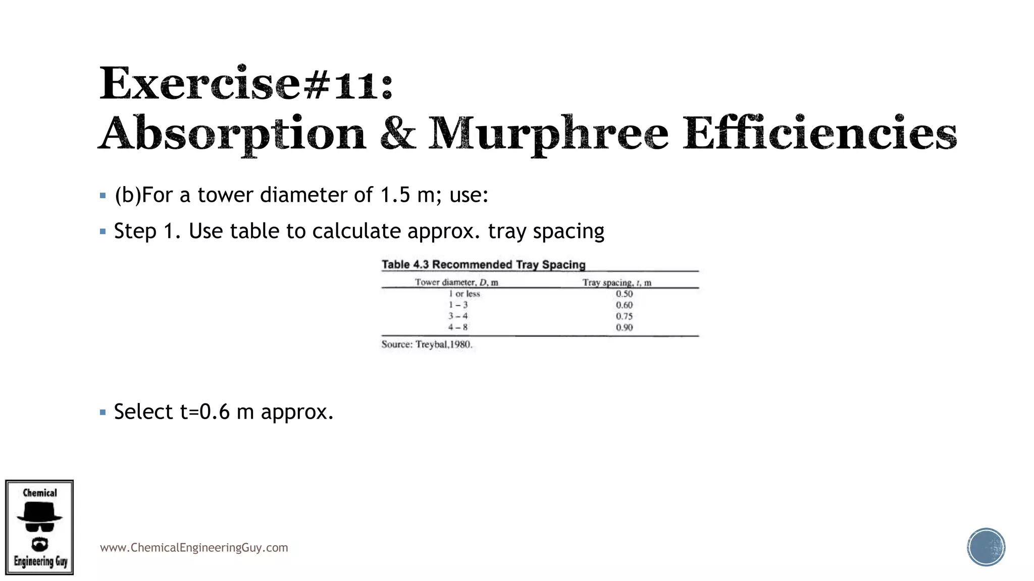 www.ChemicalEngineeringGuy.com
 (b)For a tower diameter of 1.5 m; use:
 Step 1. Use table to calculate approx. tray spacing
 Select t=0.6 m approx.
 