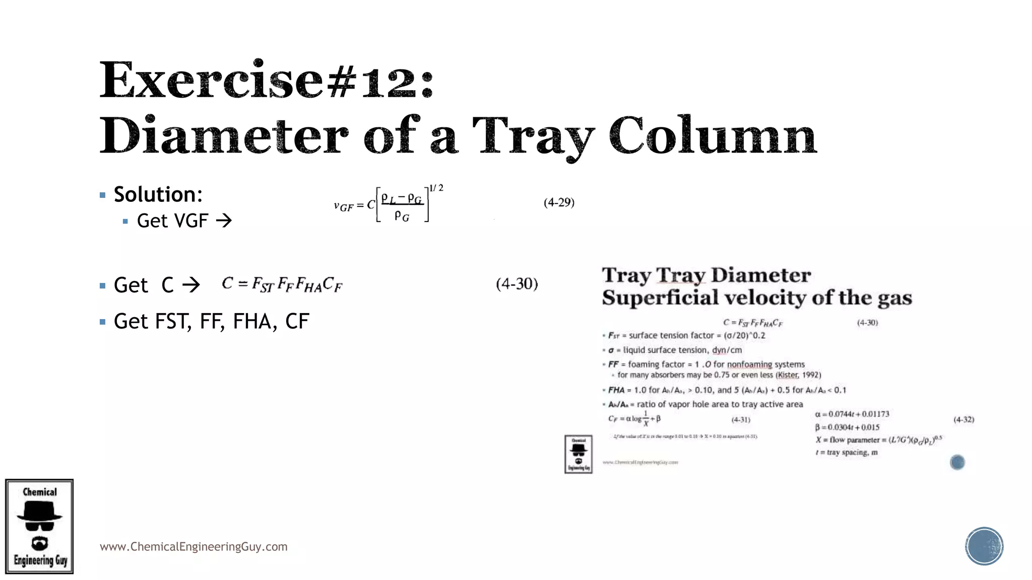 www.ChemicalEngineeringGuy.com
 Solution:
 Get VGF 
 Get C 
 Get FST, FF, FHA, CF
 