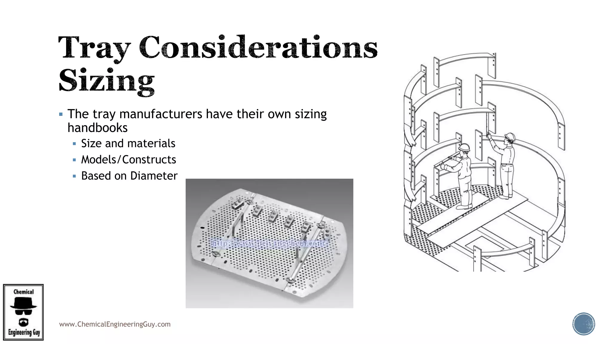 www.ChemicalEngineeringGuy.com
 The tray manufacturers have their own sizing
handbooks
 Size and materials
 Models/Constructs
 Based on Diameter
 
