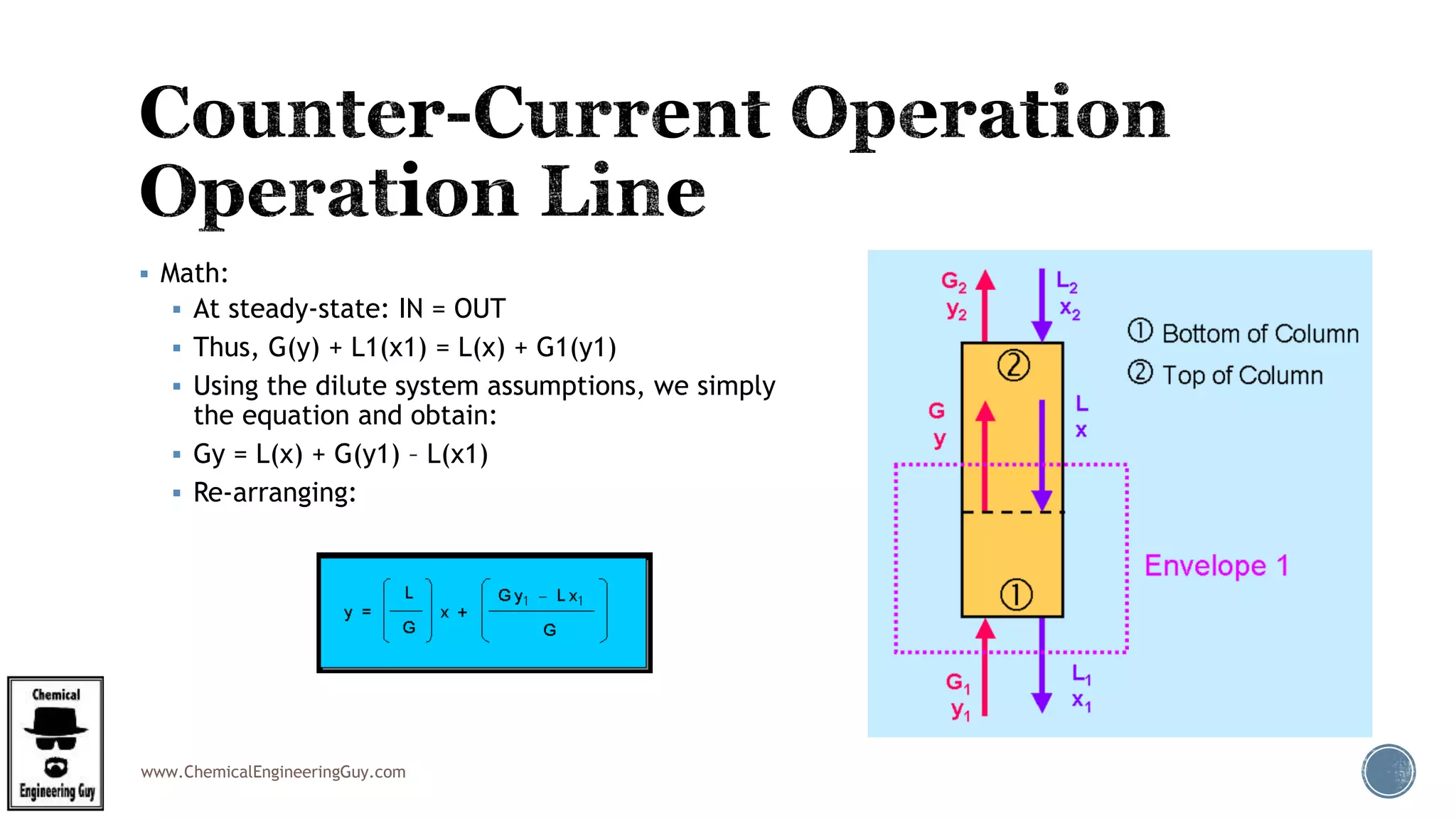 www.ChemicalEngineeringGuy.com
 Math:
 At steady-state: IN = OUT
 Thus, G(y) + L1(x1) = L(x) + G1(y1)
 Using the dilute system assumptions, we simply
the equation and obtain:
 Gy = L(x) + G(y1) – L(x1)
 Re-arranging:
 