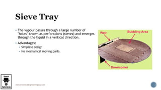 www.ChemicalEngineeringGuy.com
 The vapour passes through a large number of
"holes" known as perforations (sieves) and emerges
through the liquid in a vertical direction.
 Advantages:
 Simplest design
 No mechanical moving parts.
 