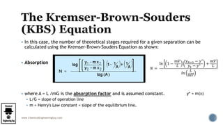 www.ChemicalEngineeringGuy.com
 In this case, the number of theoretical stages required for a given separation can be
calculated using the Kremser-Brown-Souders Equation as shown:
 Absorption
 where A = L /mG is the absorption factor and is assumed constant.
 L/G = slope of operation line
 m = Henry's Law constant = slope of the equilibrium line.
y* = m(x)
 