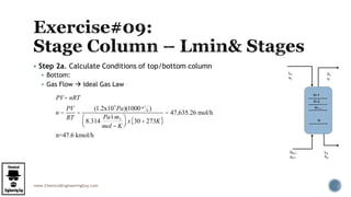 www.ChemicalEngineeringGuy.com
 Step 2a. Calculate Conditions of top/bottom column
 Bottom:
 Gas Flow  Ideal Gas Law
L0
x0
G1
y1
GN+1
yN+1
LN
XN
N=1
N=2
N
N=…
PV= nRT
n =
PV
RT
=
(1.2x105
Pa)(1000m3
h )
8.314
Pa im3
mol - K
æ
èç
ö
ø÷ x 30 + 273K( )
= 47,635.26 mol/h
n=47.6 kmol/h
 