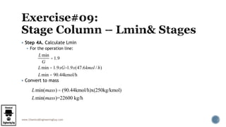 www.ChemicalEngineeringGuy.com
 Step 4A. Calculate Lmin
 For the operation line:
 Convert to mass
Lmin
G
= 1.9
Lmin = 1.9xG=1.9x(47.6kmol / h)
Lmin = 90.44kmol/h
Lmin(mass) = (90.44kmol/h)x(250kg/kmol)
Lmin(mass)=22600 kg/h
 