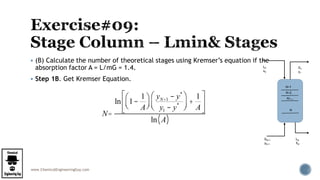www.ChemicalEngineeringGuy.com
 (B) Calculate the number of theoretical stages using Kremser’s equation if the
absorption factor A = L/mG = 1.4.
 Step 1B. Get Kremser Equation.
N=
ln 1-
mG
L
æ
èç
ö
ø÷
yN+1 - y*
y1 - y*
æ
èç
ö
ø÷ +
mG
L
é
ë
ê
ù
û
ú
ln
L
mG
æ
èç
ö
ø÷
N=
ln 1-
1
A
æ
èç
ö
ø÷
yN+1 - y*
y1 - y*
æ
èç
ö
ø÷ +
1
A
é
ë
ê
ù
û
ú
ln A( )
L0
x0
G1
y1
GN+1
yN+1
LN
XN
N=1
N=2
N
N=…
 