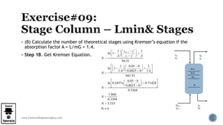 www.ChemicalEngineeringGuy.com
 (B) Calculate the number of theoretical stages using Kremser’s equation if the
absorption factor A = L/mG = 1.4.
 Step 1B. Get Kremser Equation. L0
x0
G1
y1
GN+1
yN+1
LN
XN
N=1
N=2
N
N=…
N =
ln 1-
1
A
æ
èç
ö
ø÷
yN+1 - y*
y1 - y*
æ
èç
ö
ø÷ +
1
A
ln(A)
N =
ln 1-
1
1.4
æ
èç
ö
ø÷
0.05 - 0
0.0025 - 0
æ
èç
ö
ø÷ +
1
1.4
é
ë
ê
ù
û
ú
ln(1.4)
N =
ln 0.2857x
0.05 - 0
0.0025 - 0
æ
èç
ö
ø÷ + 0.71428
é
ë
ê
ù
û
ú
0.3364
N =
1.860
0.3364
N = 5.535
N » 6
 