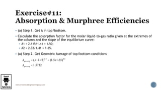 www.ChemicalEngineeringGuy.com
 (a) Step 1. Get A in top/bottom.
 Calculate the absorption factor for the molar liquid-to-gas ratio given at the extremes of
the column and the slope of the equilibrium curve:
 A1 = 2.115/1.41 = 1.50;
 A2 = 2.32/1.41 = 1.65.
 (a) Step 2. Get Geomtric Average of top/bottom conditions
Ageo.avg = (A1iA2)0.5
= (1.5x1.65)0.5
Ageo.avg =1.5732
 