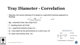 www.ChemicalEngineeringGuy.com
 Typically, the column diameter D is based on a specified fractional approach to
flooding
 Qg = volumetric flow rate of gas m3/s
 f = flooding factor (0.5-0.8)
 VGF = superficial velocity of gas m/s
 Ad = area taken by the perforations on a sieve tray; m2
 At= total cross-section area, m2.
Typical values for Ad/At
 