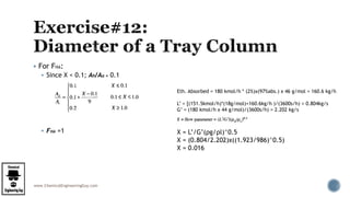 www.ChemicalEngineeringGuy.com
 For FHA:
 Since X < 0.1; Ah/Aa = 0.1
 FHA =1 X = L’/G’(ρg/ρl)^0.5
X = (0.804/2.202)x((1.923/986)^0.5)
X = 0.016
Eth. Absorbed = 180 kmol/h * (2%)x(97%abs.) x 46 g/mol = 160.6 kg/h
L’ = [(151.5kmol/h)*(18g/mol)+160.6kg/h )/(3600s/h) = 0.804kg/s
G’ = (180 kmol/h x 44 g/mol)/(3600s/h) = 2.202 kg/s
 