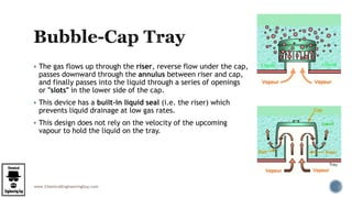 www.ChemicalEngineeringGuy.com
 The gas flows up through the riser, reverse flow under the cap,
passes downward through the annulus between riser and cap,
and finally passes into the liquid through a series of openings
or "slots" in the lower side of the cap.
 This device has a built-in liquid seal (i.e. the riser) which
prevents liquid drainage at low gas rates.
 This design does not rely on the velocity of the upcoming
vapour to hold the liquid on the tray.
 