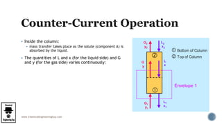 www.ChemicalEngineeringGuy.com
 Inside the column:
 mass transfer takes place as the solute (component A) is
absorbed by the liquid.
 The quantities of L and x (for the liquid side) and G
and y (for the gas side) varies continuously:
 