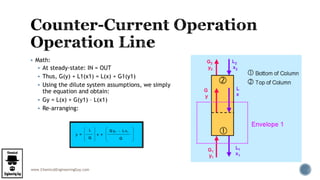www.ChemicalEngineeringGuy.com
 Math:
 At steady-state: IN = OUT
 Thus, G(y) + L1(x1) = L(x) + G1(y1)
 Using the dilute system assumptions, we simply
the equation and obtain:
 Gy = L(x) + G(y1) – L(x1)
 Re-arranging:
 