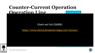 www.ChemicalEngineeringGuy.com
 Since L and G are assumed to be approximately
constant, the operating line is a straight line of
the form:
 y = mx + c, with the gradient of L / G, the liquid-to-
gas ratio.
 The operating line connects the 2 end points -
point 1 (x1 , y1) that represents conditions at
the bottom of the column, and point 2 (x2 , y2)
that represents conditions at the top of the
column.
Check out Full COURSE:
https://www.chemicalengineeringguy.com/courses/
 