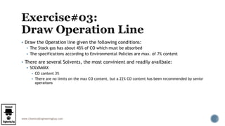 www.ChemicalEngineeringGuy.com
 Draw the Operation line given the following conditions:
 The Stack gas has about 45% of CO which must be absorbed
 The specifications according to Environmental Policies are max. of 7% content
 There are several Solvents, the most convinient and readily availbale:
 SOLVAMAX
 CO content 3%
 There are no limits on the max CO content, but a 22% CO content has been recommended by senior
operaitons
 