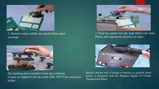 1. Remove water-soluble dye packet from paper
envelope
2. Drop dye packet into dye tank filled with water.
Plastic and ingredients dissolve in water.
Dye heating unit is needed to heat dye solutions.
Lenses are dipped in hot dye bath (200- 205°F) by using lens
holder.
Density and the rate of change of density on gradient tinted
lenses, is measured with the Phantom Digital UV/Visible
Transmission Meter
35
 