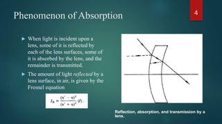 Phenomenon of Absorption
 When light is incident upon a
lens, some of it is reflected by
each of the lens surfaces, some of
it is absorbed by the lens, and the
remainder is transmitted.
 The amount of light reflected by a
lens surface, in air, is given by the
Fresnel equation
4
Reflection, absorption, and transmission by a
lens.
 