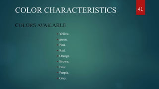 COLOR CHARACTERISTICS 41
 Yellow.
 green.
 Pink.
 Red.
 Orange.
 Brown.
 Blue
 Purple.
 Grey.
 