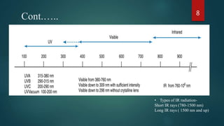 Cont.….. 8
• Types of IR radiation-
Short IR rays (780-1500 nm)
Long IR rays ( 1500 nm and up)
 