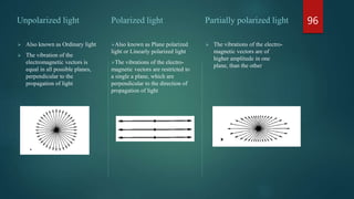 Unpolarized light
 Also known as Ordinary light
 The vibration of the
electromagnetic vectors is
equal in all possible planes,
perpendicular to the
propagation of light
Polarized light
Also known as Plane polarized
light or Linearly polarized light
The vibrations of the electro-
magnetic vectors are restricted to
a single a plane, which are
perpendicular to the direction of
propagation of light
Partially polarized light
 The vibrations of the electro-
magnetic vectors are of
higher amplitude in one
plane, than the other
96
 