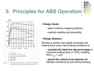 5.  Principles for ABS Operation Design Goals:   attain minimum stopping distance maintain stability and steerability Design Solution: Develop a system that rapidly modulates the braking force under hard braking conditions to:  maintain the ideal tire slip percentage  to maximize braking force (≈ 15%), recalling that F brake  = µ B N permit the vehicle to be steered  with stability maintained by preventing skidding 