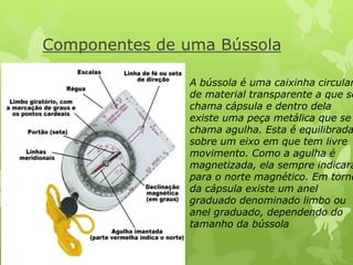 Componentes de uma Bússola 
A bússola é uma caixinha circular 
de material transparente a que se 
chama cápsula e dentro dela 
existe uma peça metálica que se 
chama agulha. Esta é equilibrada 
sobre um eixo em que tem livre 
movimento. Como a agulha é 
magnetizada, ela sempre indicará 
para o norte magnético. Em torno 
da cápsula existe um anel 
graduado denominado limbo ou 
anel graduado, dependendo do 
tamanho da bússola 
 