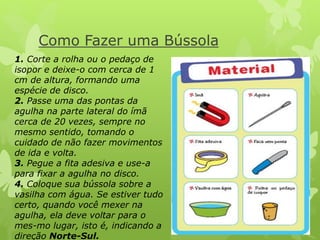 Como Fazer uma Bússola 
1. Corte a rolha ou o pedaço de 
isopor e deixe-o com cerca de 1 
cm de altura, formando uma 
espécie de disco. 
2. Passe uma das pontas da 
agulha na parte lateral do ímã 
cerca de 20 vezes, sempre no 
mesmo sentido, tomando o 
cuidado de não fazer movimentos 
de ida e volta. 
3. Pegue a fita adesiva e use-a 
para fixar a agulha no disco. 
4. Coloque sua bússola sobre a 
vasilha com água. Se estiver tudo 
certo, quando você mexer na 
agulha, ela deve voltar para o 
mes-mo lugar, isto é, indicando a 
direção Norte-Sul. 
 