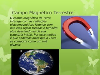 Campo Magnético Terrestre 
O campo magnético da Terra 
interage com as radiações 
eletromagnéticas fazendo com 
que elas sejam freadas e também 
atua desviando-as de sua 
trajetória inicial. Por esse motivo 
é que podemos dizer que a Terra 
se comporta como um ímã 
gigante 
 